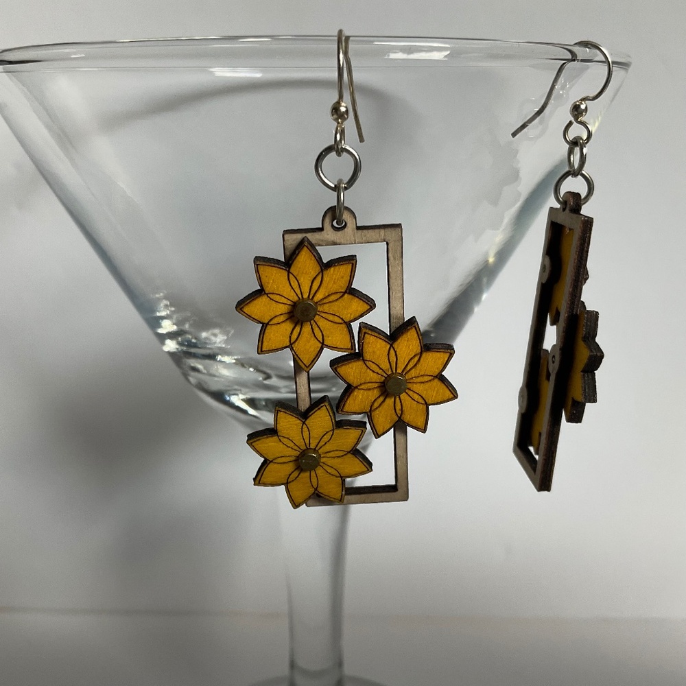 Kinetic Flower Gear Earrings - laser Cut from Reforested Wood Yellow & Natural